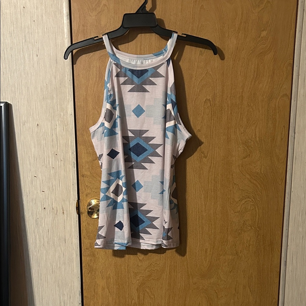 Sleeveless Geometric Halter Tank Top - Blue/White